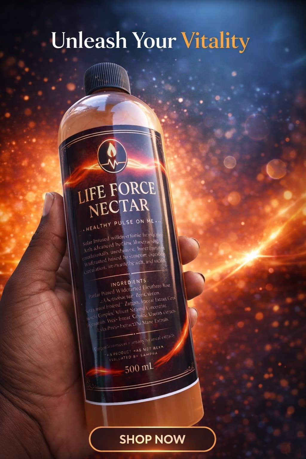 Life Force Nectar bottle held in front of warm energy light